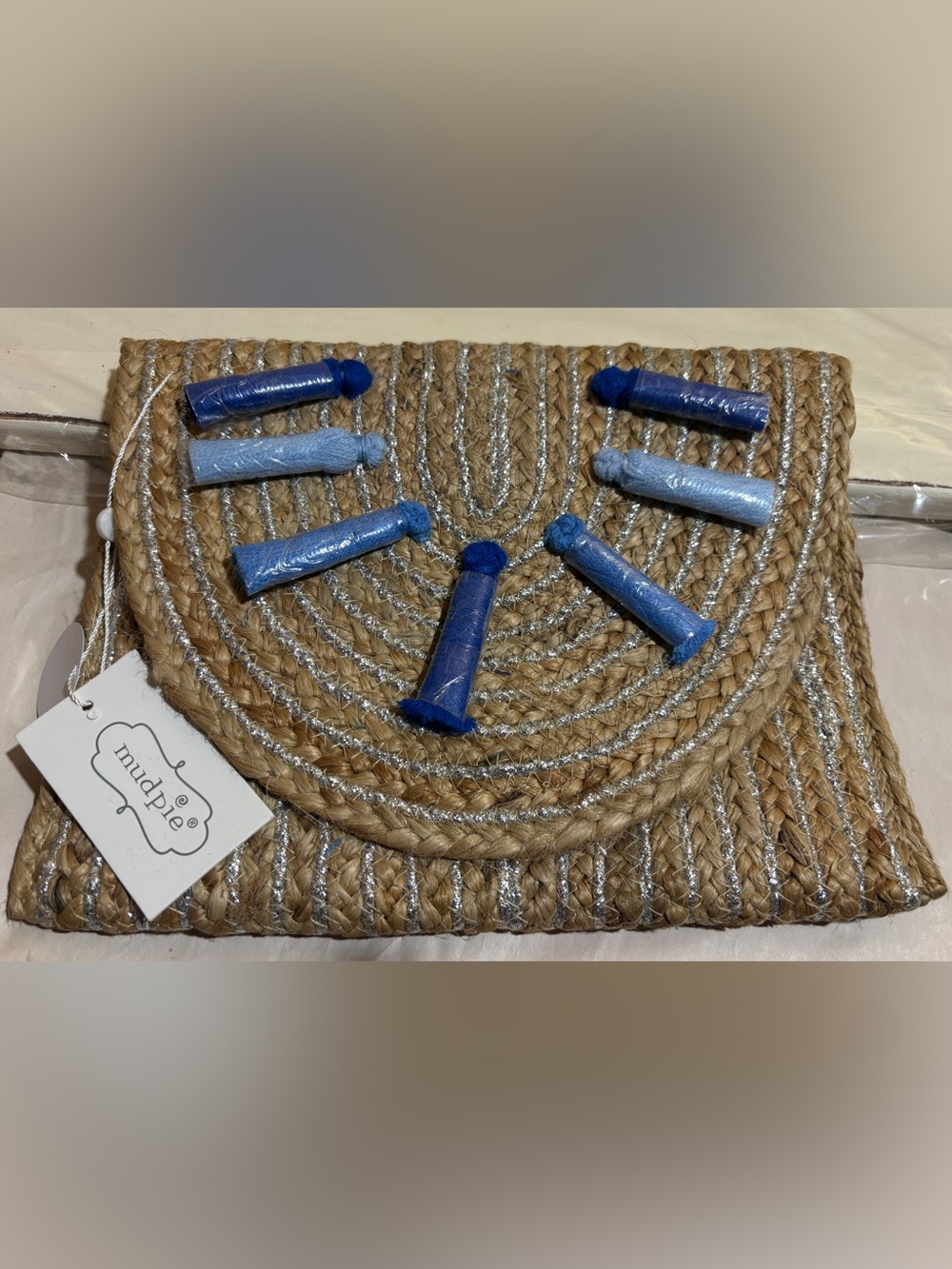 Mud Pie Blue-Tassel Straw Clutch